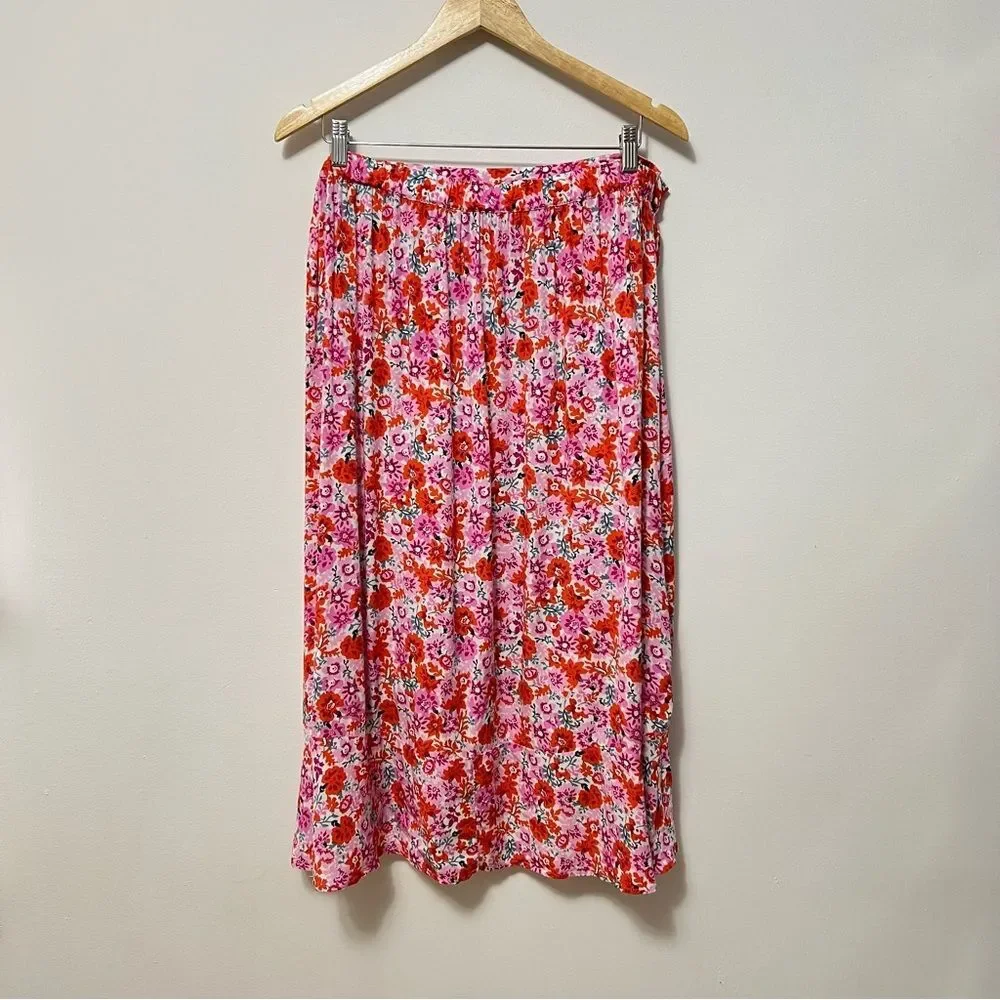 Lucky Brand Womens Wrap Skirt Size Large Pink Orange Floral Maxi Cottagecore
